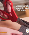Left Handed Pinking Shears For Fabric And Crafts, 8 Inch, Zigzag Blades That Prevent Fraying, close-up on red contoured handle