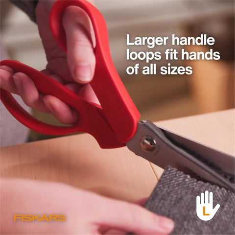 Left Handed Pinking Shears For Fabric And Crafts, 8 Inch, Zigzag Blades That Prevent Fraying, close-up on red contoured handle