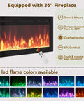 36-inch electric fireplace with remote control showing 12 LED flame colors, timer settings, and temperature options.