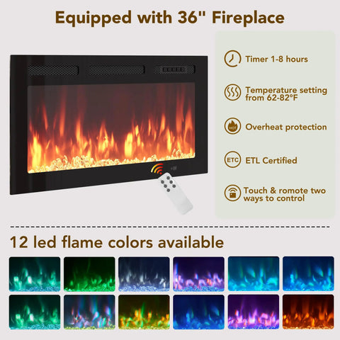 36-inch electric fireplace with remote control showing 12 LED flame colors, timer settings, and temperature options.