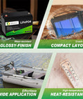 12V 100Ah LiFePO4 Battery Group 31 With 100A BMS Grade A Cells, durability features, boat and thermometer shown