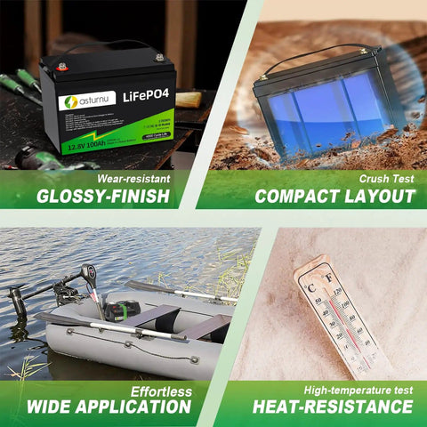 12V 100Ah LiFePO4 Battery Group 31 With 100A BMS Grade A Cells, durability features, boat and thermometer shown