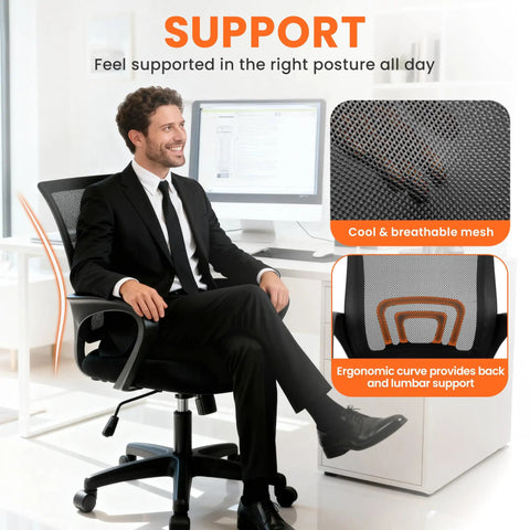 Man sitting on ergonomic mesh office chair with lumbar support in front of a computer, highlighting breathable backrest and comfort.