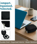 Hearing Aid Case With Travel Pouch And Battery Holder, compact black EVA shell beside laptop with zipper detail