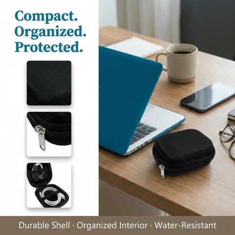 Hearing Aid Case With Travel Pouch And Battery Holder, compact black EVA shell beside laptop with zipper detail