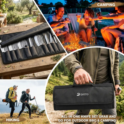 All-In-One 14-Piece Butcher Knife Set With Roll Bag for camping and hiking, featuring knives in a portable case.