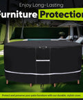 Heavy Duty 75 Inch Round Patio Table Cover With Umbrella Hole Waterproof 600D Oxford Fabric All Weather Outdoor Cover UV Resistant And Windproof Shield For Patio Table And Chair Set installed on patio furniture.