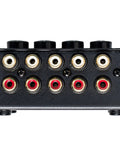 Rear view of Desktop 4 Channel Stereo Mini Mixer with Passive Circuitry showing 4 stereo RCA inputs and outputs.