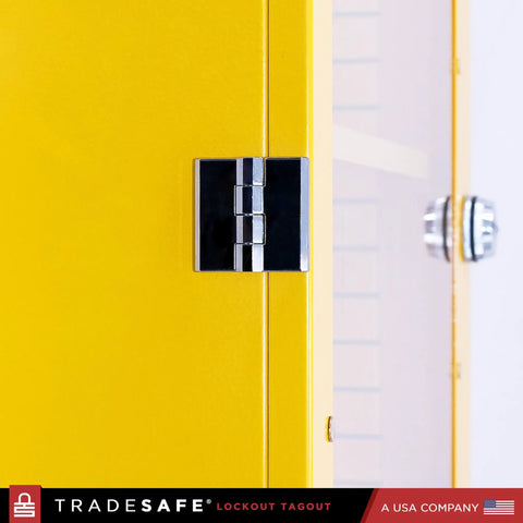 Close-up of the hinge on the Heavy Duty Lockout Tagout Cabinet Wall Mount LOTO Storage Box, featuring a bright yellow finish.