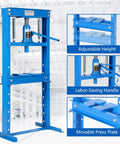 Badass 12 Ton Hydraulic H Frame Shop Press With Sweet Adjustable Table And Solid Stamping Plates in blue with a labor-saving handle.