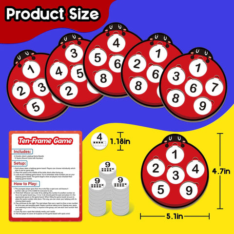Ten Frame Math Kit For Kids, kid-friendly ladybug game boards with numbers, flash cards, and setups for learning addition.