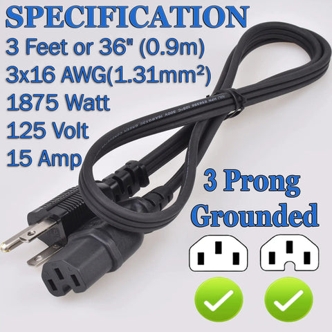 Three Foot Replacement Power Cord For Coffee Pot And Percolator, Heavy Duty 16 AWG 1875W 125V, 3 Prong Grounded, Black Cable
