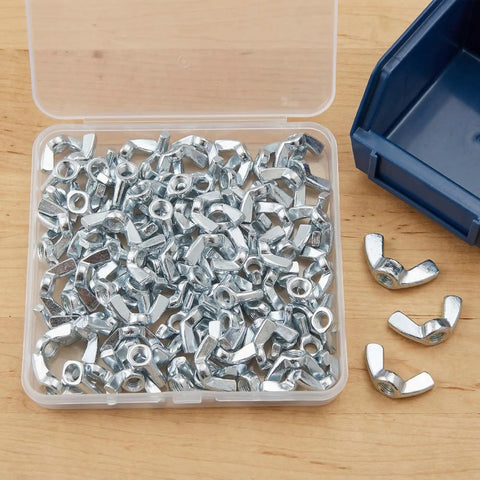 100 Pack 5/16-18 Wing Nuts Zinc Plated Carbon Steel Butterfly Hardware Fasteners in a clear container on wood surface.
