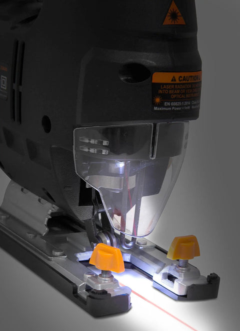 Gassed Up Variable Speed Orbital Jig Saw With Integrated Laser And Hella Bright Led Work Light illuminating the cutting area.