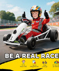 Child in helmet driving 24V Electric Go Kart For Kids, Drift Ready Battery Powered Ride On Toy, 8.1 MPH Top Speed, on track.