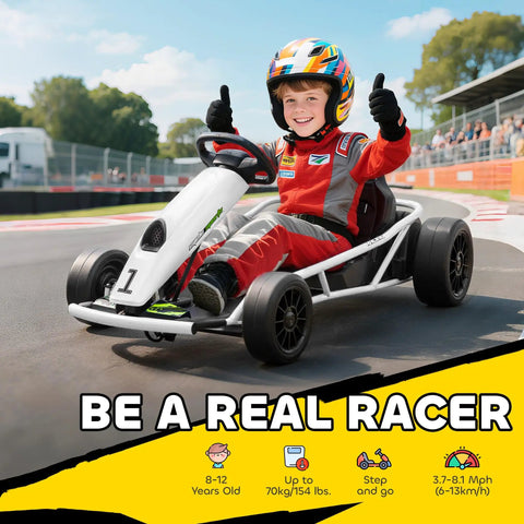 Child in helmet driving 24V Electric Go Kart For Kids, Drift Ready Battery Powered Ride On Toy, 8.1 MPH Top Speed, on track.