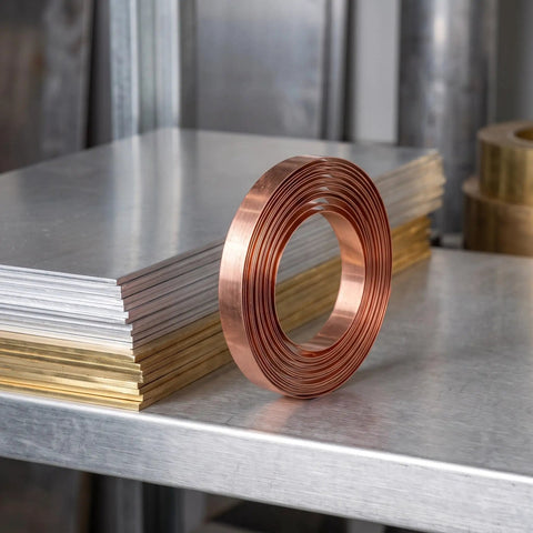 Straight Up Pure Copper Welding Strips For Ev Battery Packs And Power Modules Smooth Thin Copper Metal Roll on a flat metallic surface.