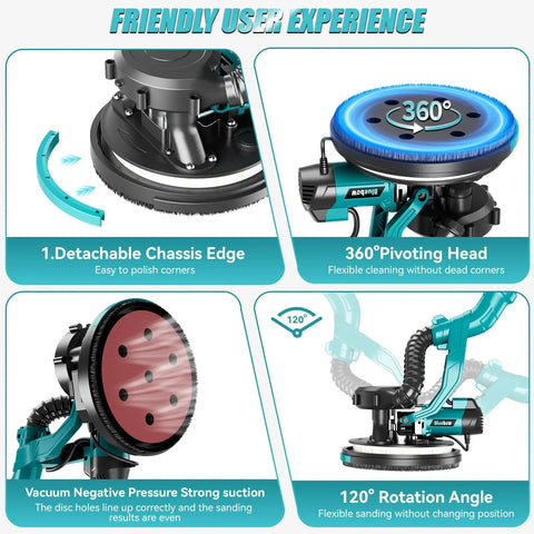 Drywall Sander With Vacuum Dust Collection And Digital Display 1000W features detachable chassis edge and pivoting head