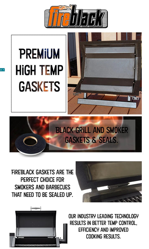 Fireblack hi-temp smoker gasket, 15 ft self-adhesive seal, 1/2 x 1/8 in, black