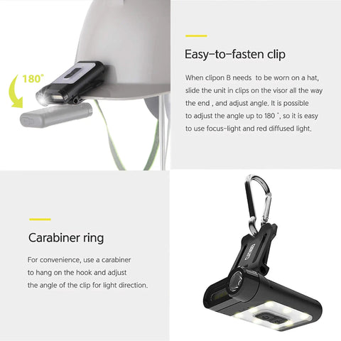 Tan Ultra Lightweight Clip On Cap Light 65A Plus USB C Rechargeable 230 Lumen LED Headlamp with easy-to-fasten clip and carabiner