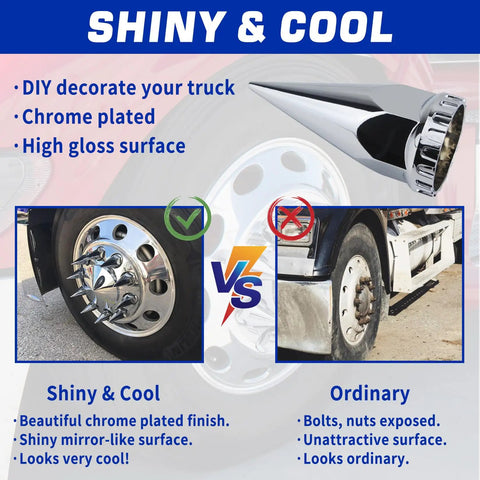 Comparison of shiny and ordinary wheels with 33mm Thread On Spike Lug Nut Covers For Semi Trucks Chrome ABS Plastic Pointed Screw On Lug Nut Caps Pack Of 20 Durable Heavy Duty Shield For Wheels Adds A High Gloss Showy Chrome Look.