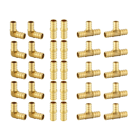 Pack Of 30 Three Quarter Inch PEX Brass Crimp Barb Fittings Set Tee Elbow And Coupling For Potable Water ASTM F1807 DZR Brass