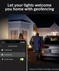 App screen showing home geofencing for Lily Outdoor Smart Spotlight Base Kit Three Pack With White And Color Ambiance LED Walkway Lights.