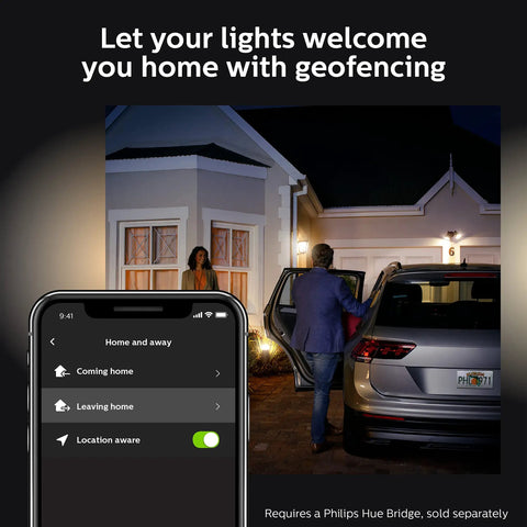 App screen showing home geofencing for Lily Outdoor Smart Spotlight Base Kit Three Pack With White And Color Ambiance LED Walkway Lights.