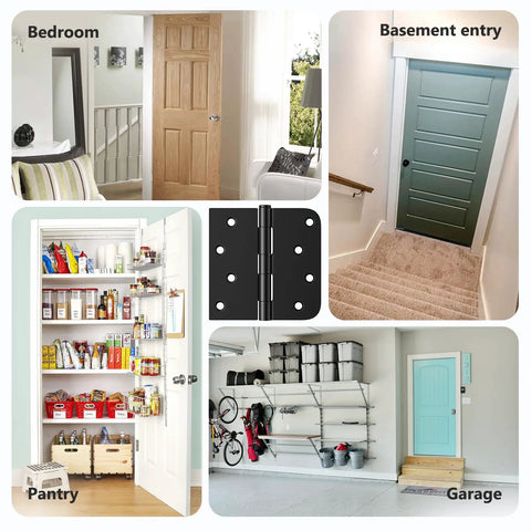 Heavy Duty Black Steel Door Hinges Six Pack Four Inch Exterior Swing Kit With Removable Pins in home settings.