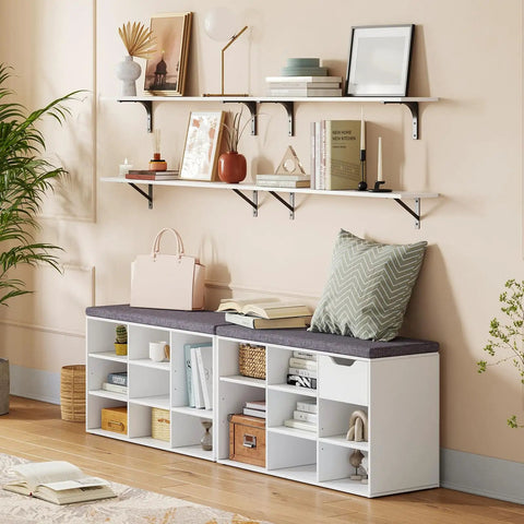 Cushioned Shoe Storage Bench With 9 Cubbies And Adjustable Shelves, A Must-Have Entryway Organizer For Mudroom Hallway Closet Or Garage, Keeps Shoes Neat And Easy To Grab, White, shown installed in a living space