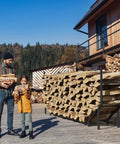 Six Foot Outdoor Firewood Rack Heavy Duty Metal Wood Holder Built For Up To 880 Lbs One Quarter Cord Capacity shown on patio