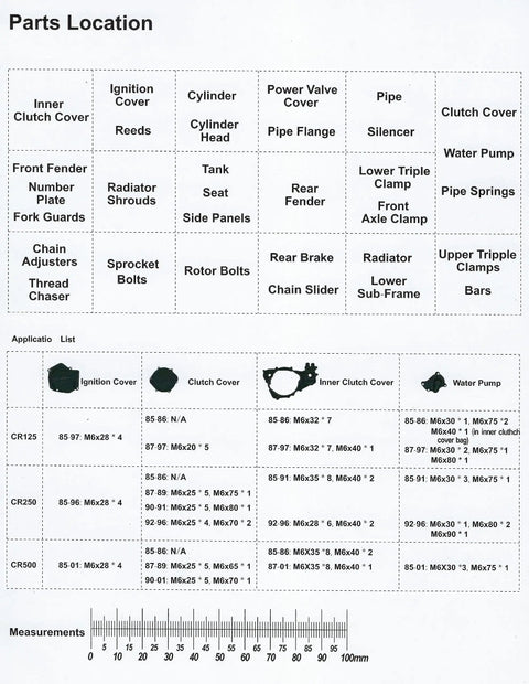 Restoration Bolt Kit For Honda CR125 CR250 CR500 Dirt Bike With Steel Frame 1984 And Up parts location and sizes chart.