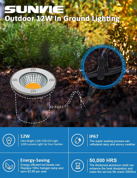 Low Voltage Landscape Well Lights With Wire Connectors 12W LED IP67 Waterproof In-Ground Garden Lights 12V-24V Warm White For Pathway Driveway Deck Yard 10 Pack With Connectors