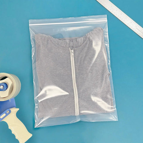 12 By 15 Inch 4 Mil Zipper Reclosable Bags Heavy Duty Poly For Food Storage And Organization, FDA Compliant, durable clear bag with folded shirt