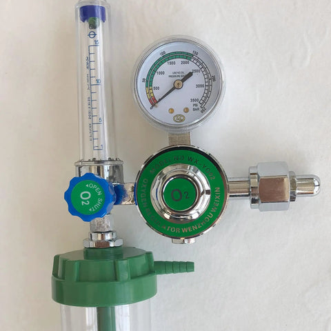 Oxygen Pressure Regulator Inhaler With Pro Grade Buoy Type Female Thread And Tube O2 Flow Meter Gauge Portable Gas Reducer For Emergency Oxygen Inhalation Lab And Industrial Use, brass with gauge