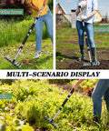 People using Sturdy Stainless Steel Weeding Tool With 8 Tines And Adjustable Length Handle in garden to clear leaves, loosen soil, and weed.