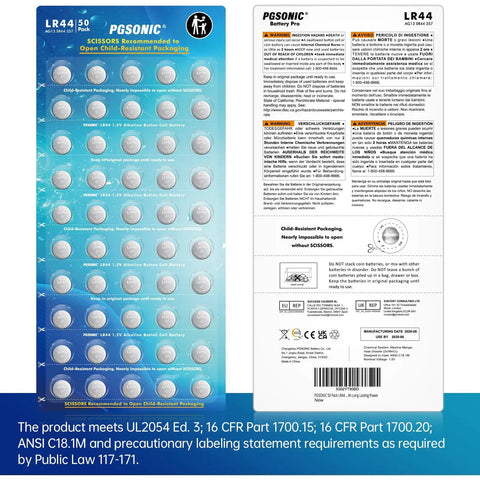 Heavy Duty Fifty Pack LR44 Alkaline Button Cell Batteries with child-resistant packaging, ideal for reliable electronic gear.