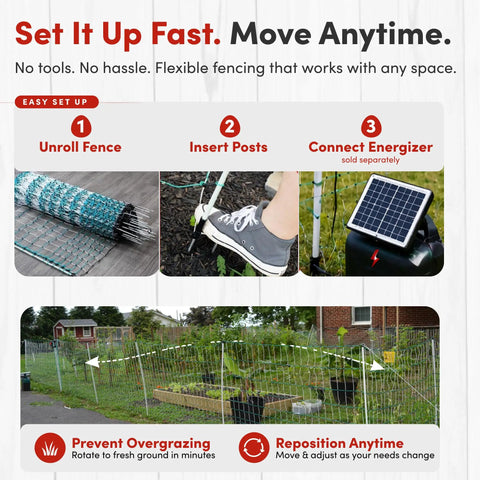 Image showing setup steps for Portable Electric Goat Fence Netting 42 Inch High 168 Feet Long for livestock use.