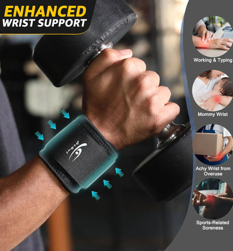Person lifting dumbbell while wearing Two Pack Wrist Compression Straps For Fitness And Weight Lifting Adjustable Wrist Braces