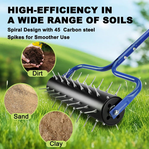 Rolling Lawn Aerator With A 21 Inch Roller And A 75 Inch Adjustable Handle No Assembly Required Heavy Duty Spike Roller For Lawn Care Boosts Soil Aeration Water Absorption And Nutrient Uptake Durable Blue Finish showing steel spikes and soil types.
