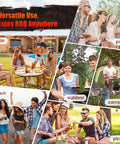 Collage showing diverse gatherings using Dual Chamber Charcoal Grill With Offset Smoker, Spacious 510 Sq In Cooking Space, Barrel Style BBQ Grill For Backyard, Patio Or Camping, Perfect For Parties, Easy Mobility On Two Wheels With Warming Rack