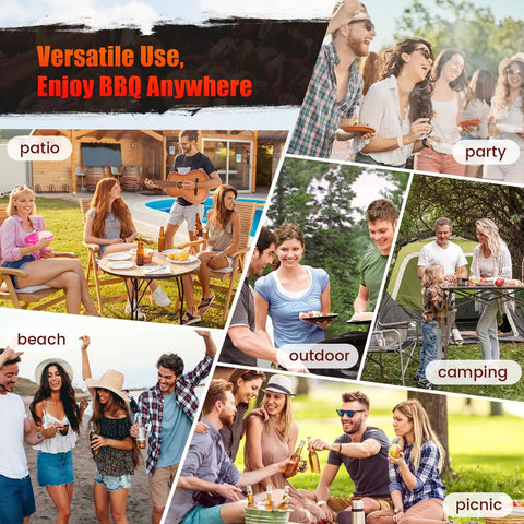 Collage showing diverse gatherings using Dual Chamber Charcoal Grill With Offset Smoker, Spacious 510 Sq In Cooking Space, Barrel Style BBQ Grill For Backyard, Patio Or Camping, Perfect For Parties, Easy Mobility On Two Wheels With Warming Rack