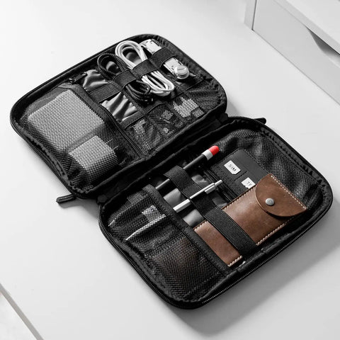 Travel Ready Electronics Organizer Case For Cords And Tech Gear open with cables, pens, and adapter inside compartments