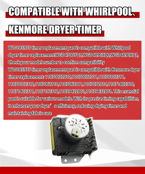 Dryer Timer Replacement Part W10185975 WPW10185975 compatible Whirlpool Kenmore dryer timer module
