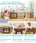 192-Inch Ultra Wide 2-In-1 Baby Gate And Play Yard With Door, adjustable 6-panel plastic safety gate in brown setup indoors