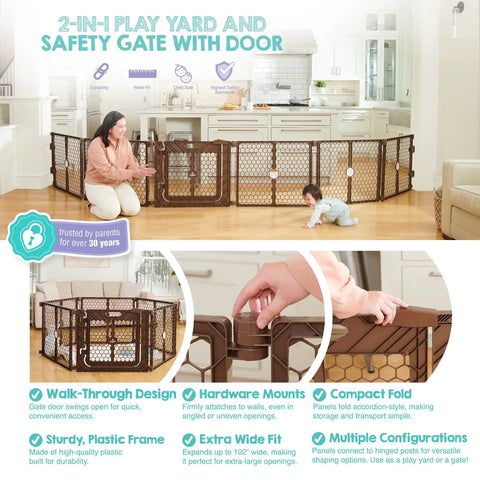 Super Wide 192 Inch Baby Gate And Play Yard System in living room, child playing, adjustable 6 panel safety barrier gray.