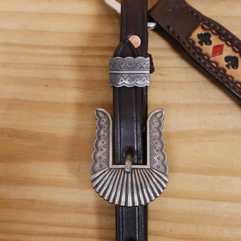 Top Shelf Western Leather Headstall And Breast Collar Tack Set With Lucky Dice Tooling Antique Copper Hardware And Checkyard Patterns Built For Any Arena Run, featuring detailed metal accents.