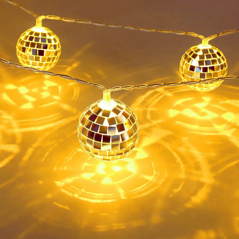 20 LED Disco Ball String Lights Battery Powered and USB Plug for Throwback 70s 80s 90s Theme Parties, warm white glow indoors