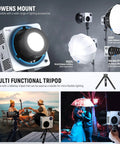 RGBWW LED Video Light With 72Wh Battery And 100W PD Fast Charging, showing Bowens mount and multipurpose tripod setup.
