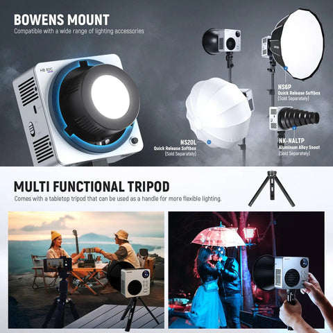 RGBWW LED Video Light With 72Wh Battery And 100W PD Fast Charging, showing Bowens mount and multipurpose tripod setup.